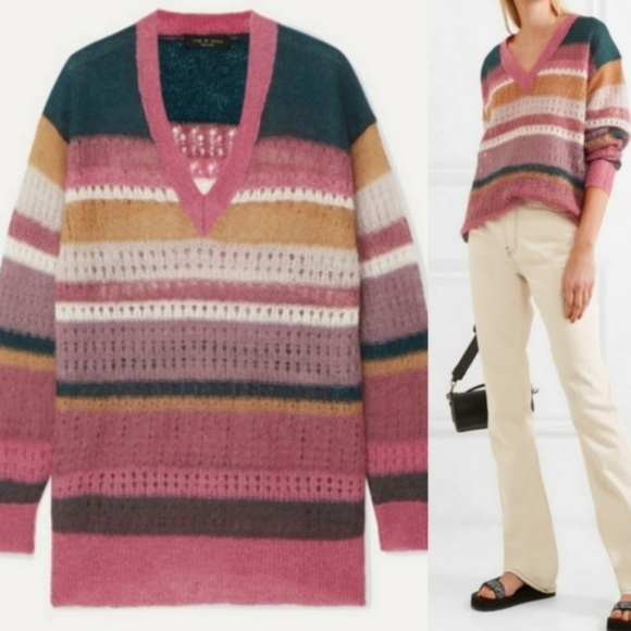 Rag & Bone Nassau Mohair Striped V-neck Sweater S/P - Picture 2 of 10